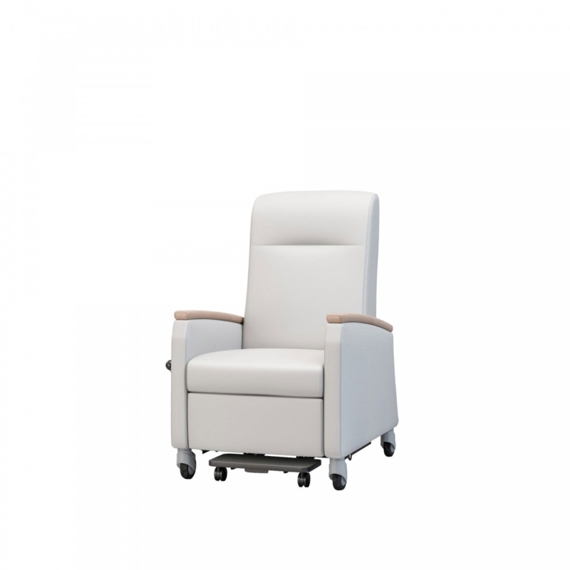Medical Treatment Recliner, Warm Wood Arm Caps, Off-White, Casters.
