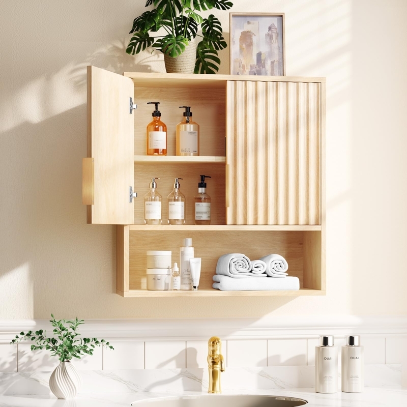 Medicine Cabinet Natural Oak Fluted Texture Asymmetrical Storage