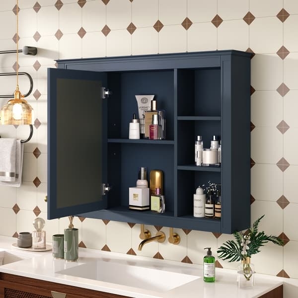Medicine Storage Navy Blue Crown Molding Mirrored Door Open Shelves