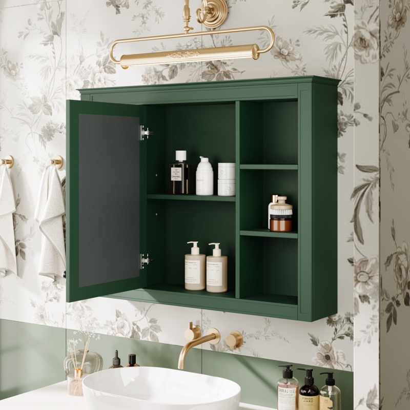 Medicine Vanity Forest Green Brushed Brass Inset Panels Open Shelves