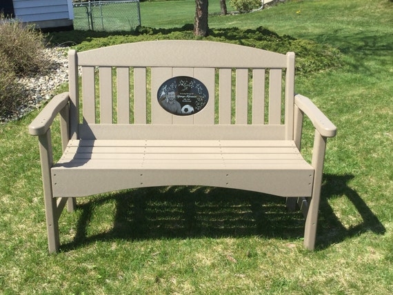 Memorial Bench Arched Front Apron Composite Stone Inlay Engraved