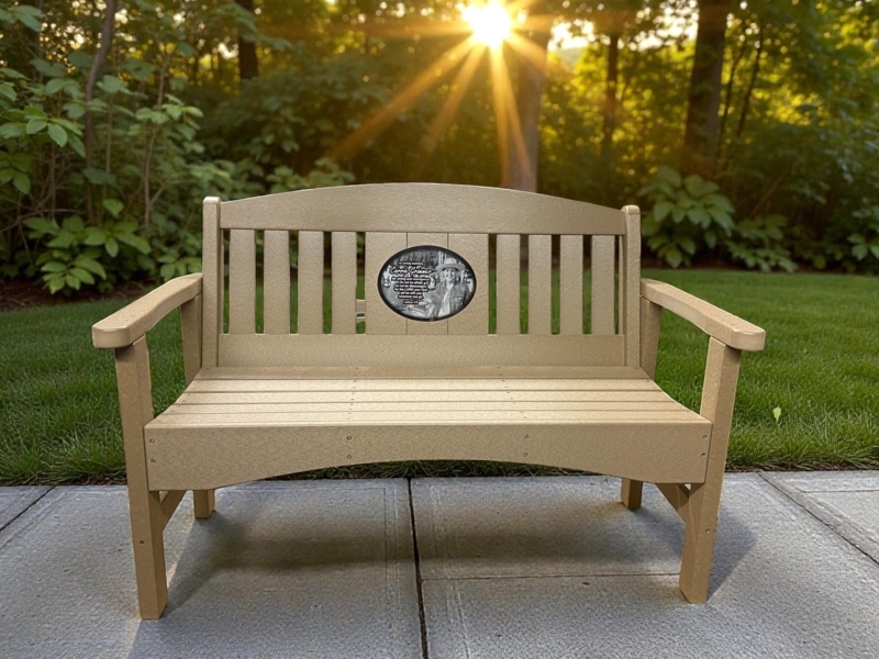 Memorial Bench Oval Stone Inlay Warm Beige Laser Engraved
