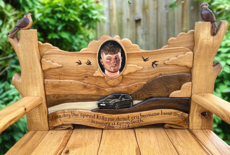 Memorial Bench Portrait Inlay Hand Carved Birds Rustic Wood
