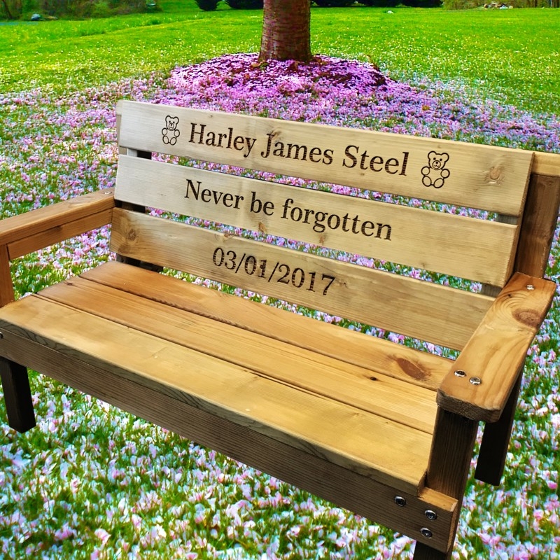 Memorial Bench Teddy Bear Engraving Rustic Wood Slat Back