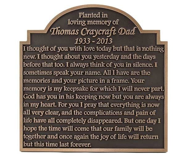 Memorial Plaque Cast Metal with Tiered Shoulders and Poem