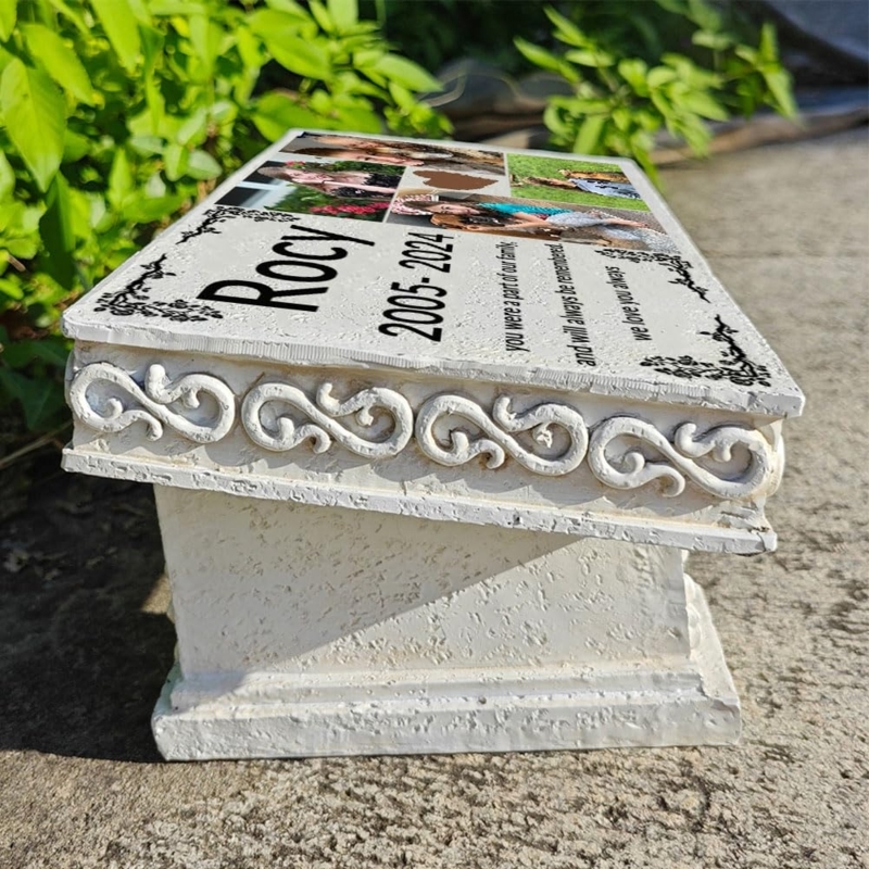 Memorial Stone Bench Shape Personalized Photos Scrollwork Off White