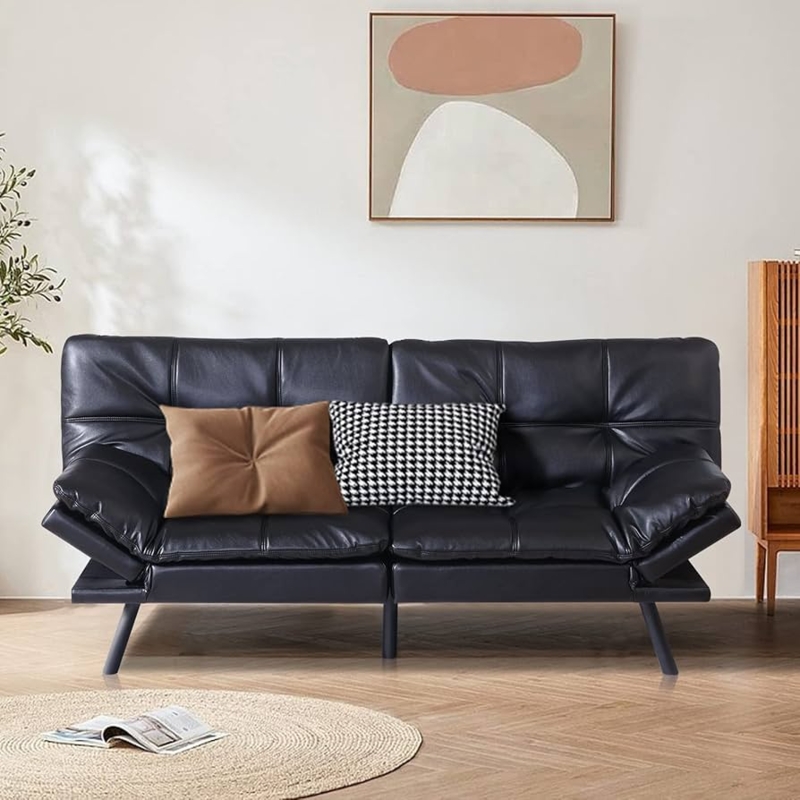 Memory Foam Futon with Adjustable Arms and Tufted Seat, Black