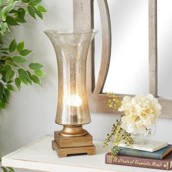 Mercury Glass Table Lamp with Flared Trumpet Shape and Tiered Gold Base