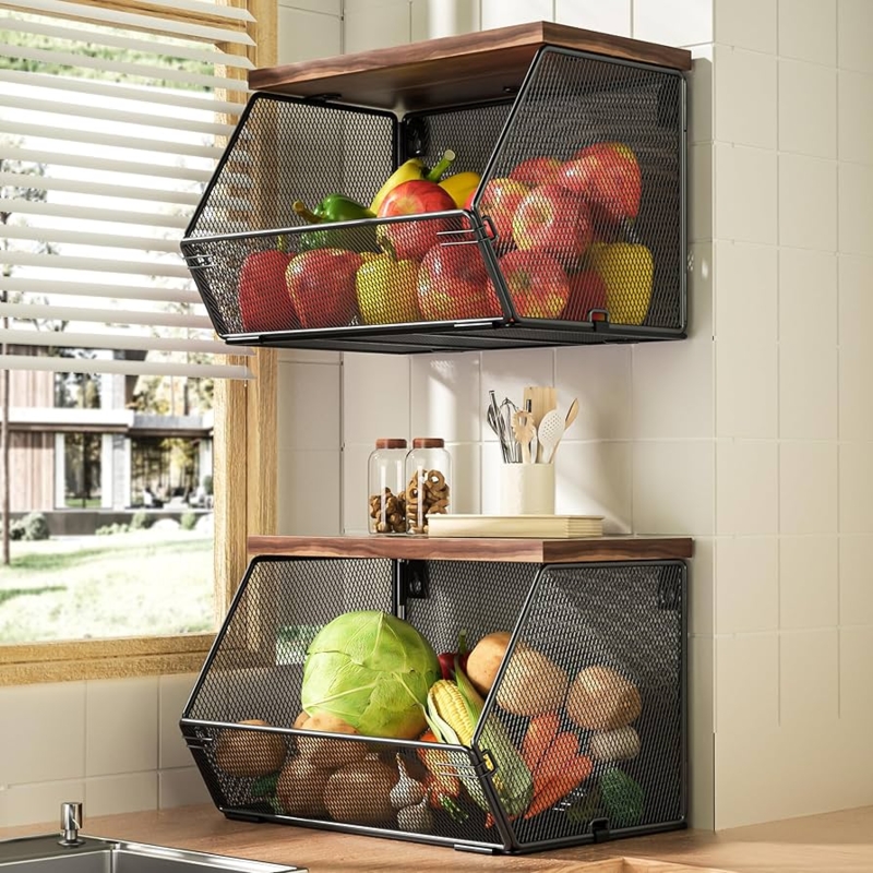 Mesh Kitchen Organizer Wall Mounted Angled Front Wooden Lid