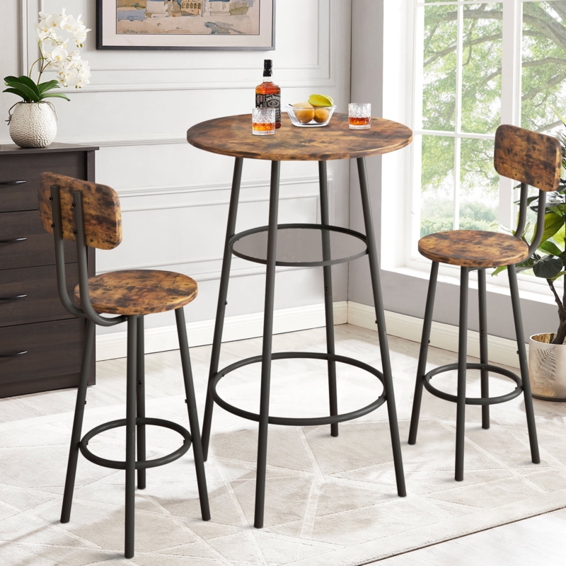 Mesh Storage Shelf Bar Table Set Distressed Wood Small Space