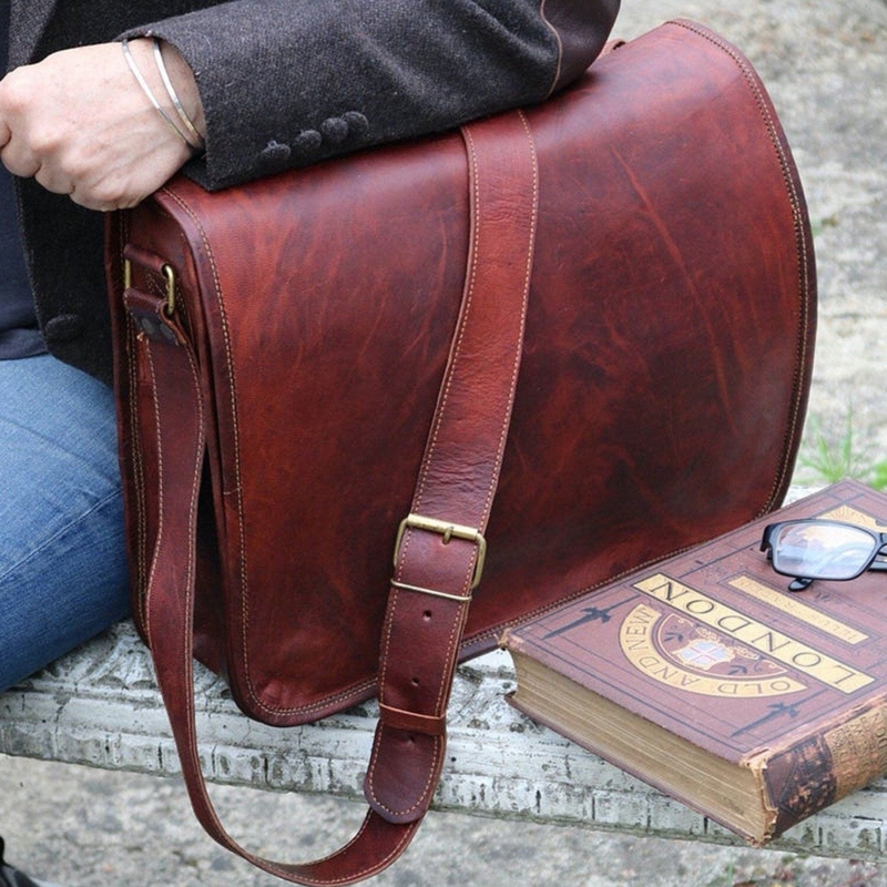 Messenger Bag Mahogany Distressed Leather-Like Contrast Stitching