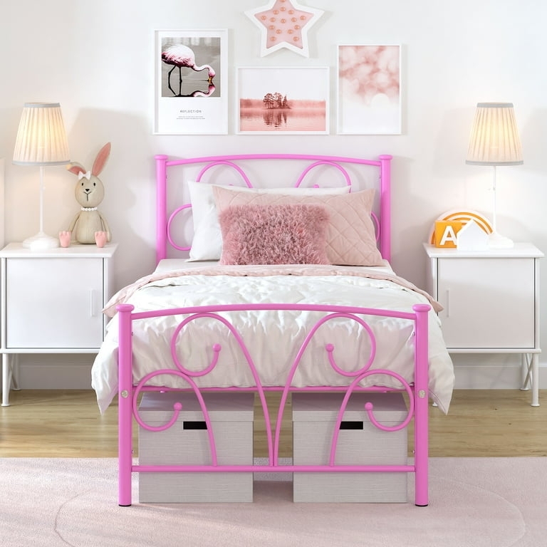 Metal Bed Frame: Hot Pink Finish with Heart Scrollwork Headboard