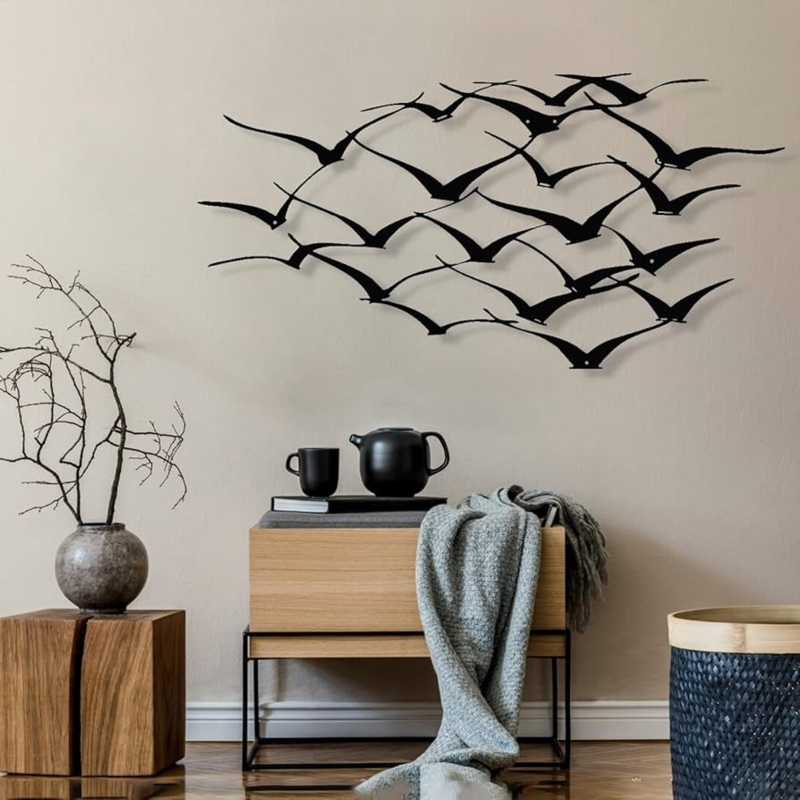 Metal Bird Wall Art: Large Matte Black Flying Flock Sculpture
