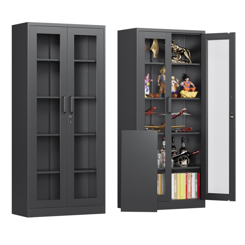 Metal Display Cabinet Matte Black Tall Glass Lockable Doors