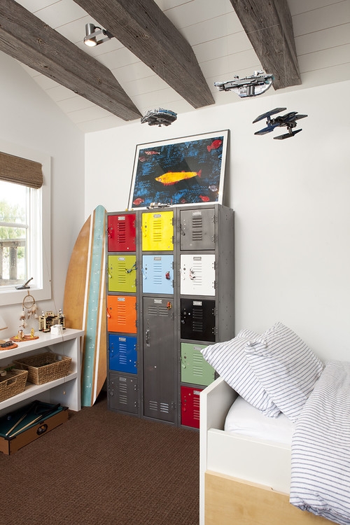 Metal Lockers with Modular Storage under Exposed Ceiling Beams