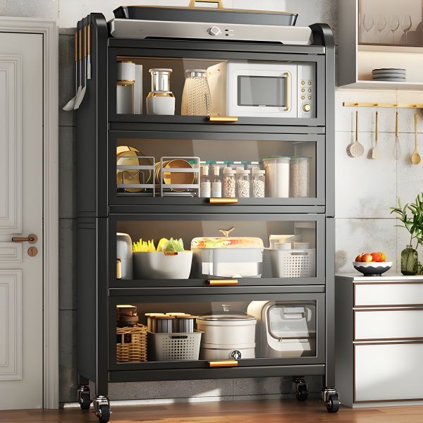 Metal Modern Bakers Rack with Cabinets, Shelves, and Microwave Shelf for  Easy Storage & Convenience Baker's Racks