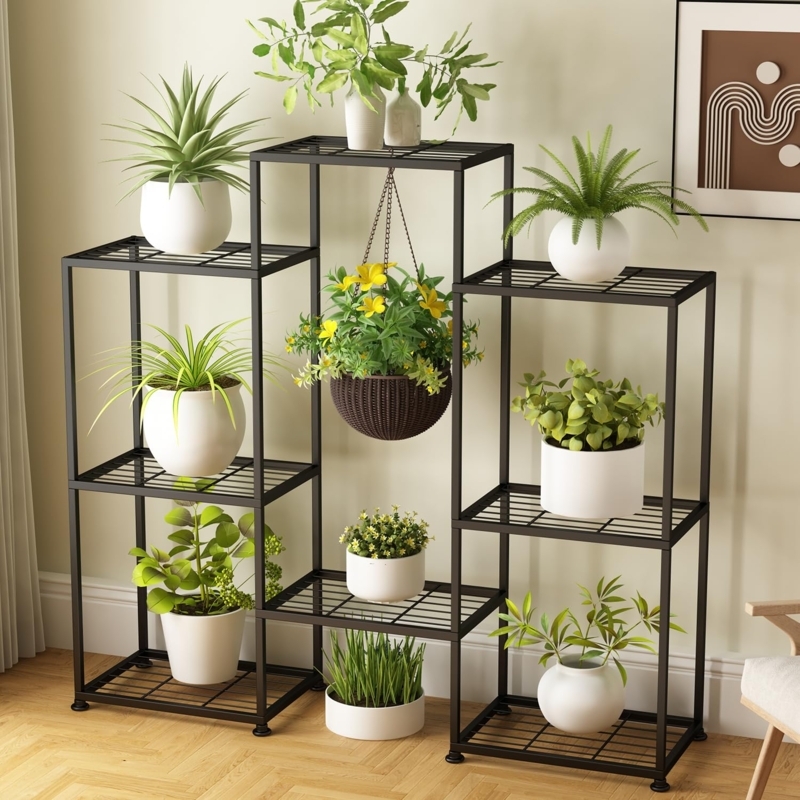 Metal Plant Stand Hanging Basket Hook Grid Shelves Tiered Rack