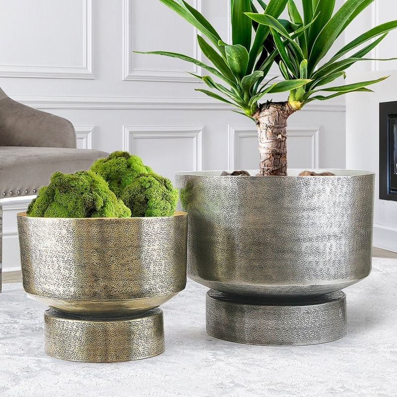 Metal Planter Set of 2 Stippled Gold and Silver Pedestal Bowls