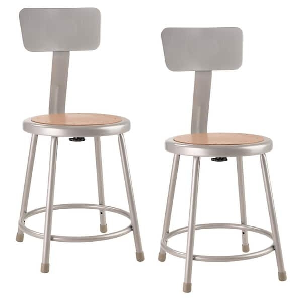 Metal Stool Grey Powder Coated Steel Low Backrest Wood Toned Seat