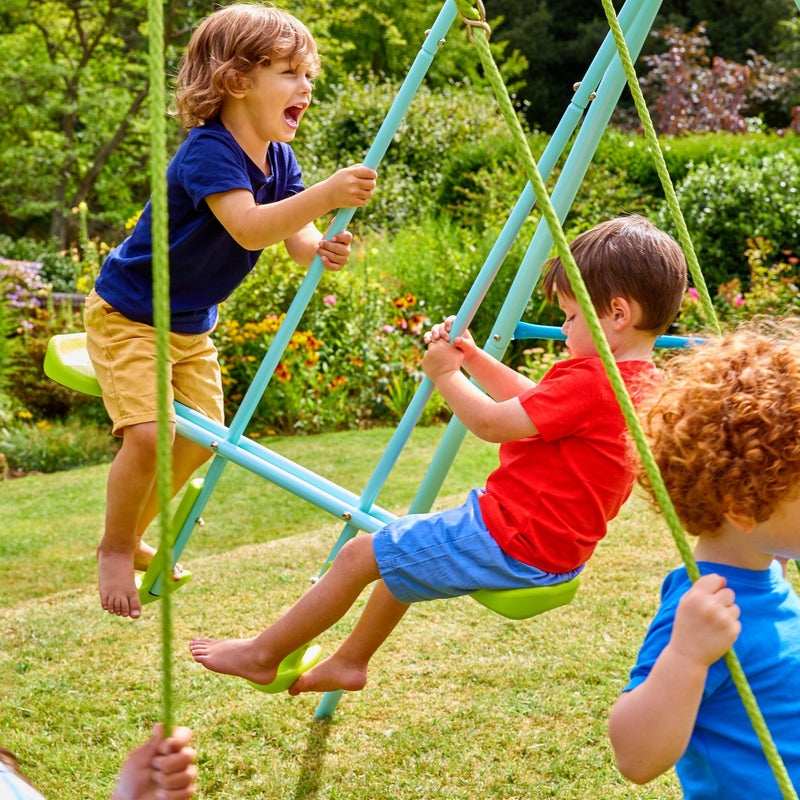 Metal Swing Set Modern Playful Design with Teal Frame and Glider Seat