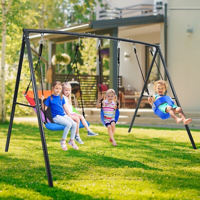 Metal Swing Set with Curved Top Rail and Three Swing Types