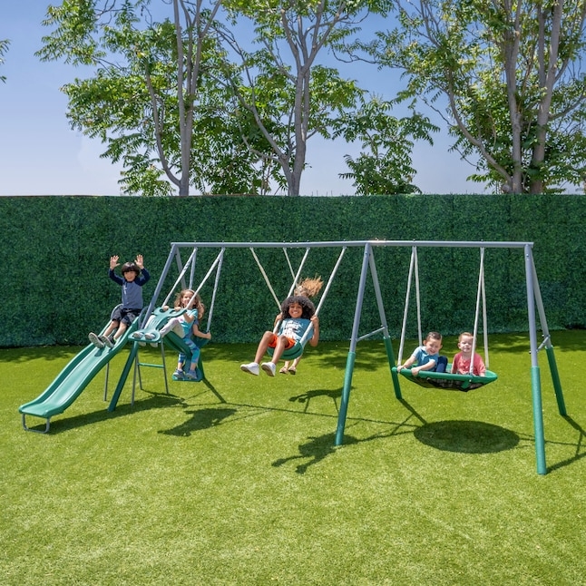 Metal Swing Set with Multi-Station Play and Saucer Swing