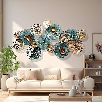 Metal Wall Art 3D Stacked Leaves Teal Gold Perforated Discs Decor