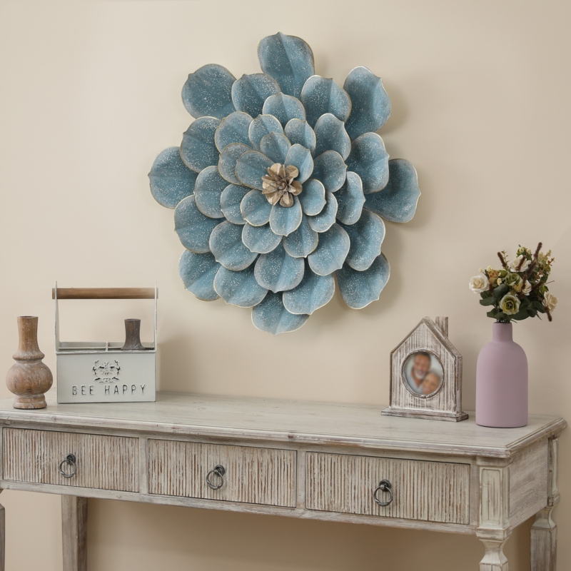 Metal Wall Art Dusty Blue Finish Layered Metal Petals