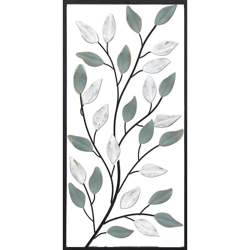 Metal Wall Art: Framed Botanical Branch with Distressed Teal Leaves
