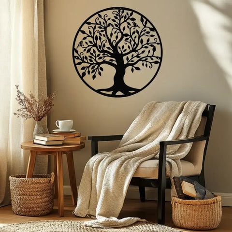Metal Wall Art Matte Black Tree Of Life Silhouette Circular Frame