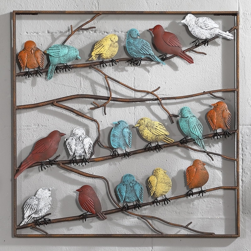 Metal Wall Art Panel: Textured Multi-Colored Birds on Branches