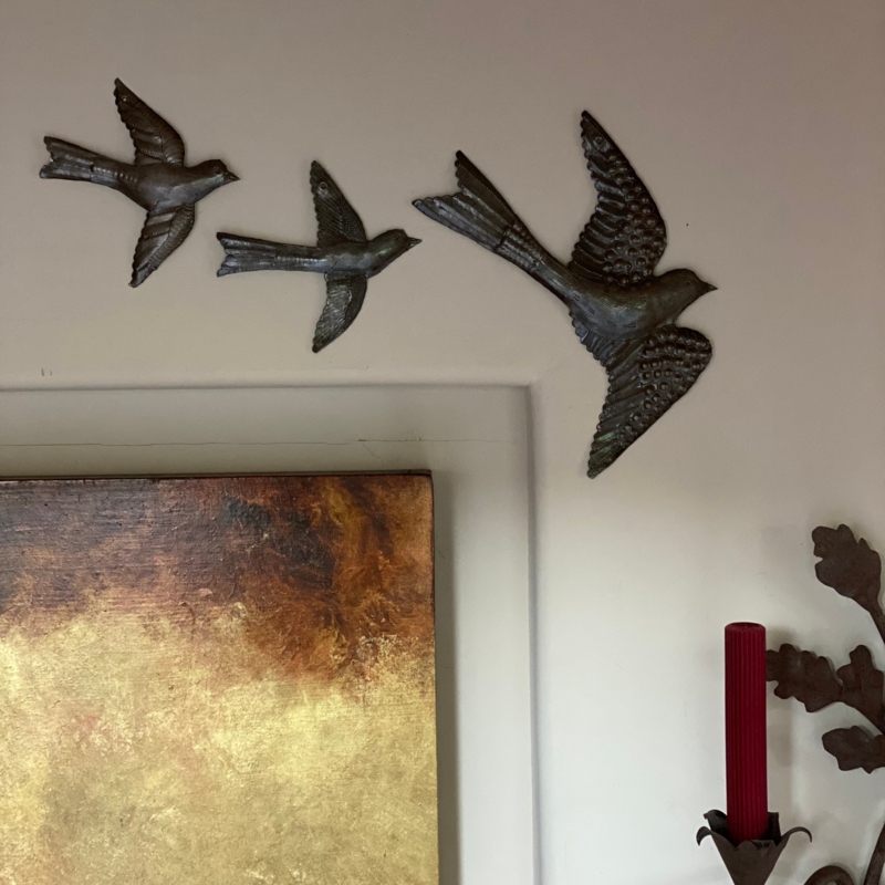Metal Wall Art Set: Three Hand-Hammered Birds, Embossed Dot Pattern