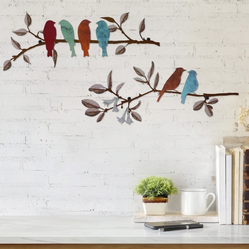 Metal Wall Art Set: Two Rustic Birds on Branch Silhouettes
