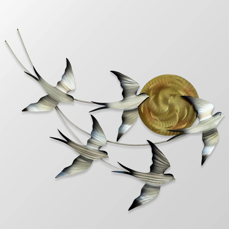 Metal Wall Art: Soaring Birds with Hammered Sun Disc Accent