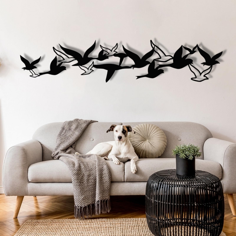 Metal Wall Art: Wide Horizontal Black Flying Bird Flock