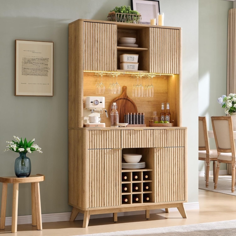 Mid-Century Bar Cabinet Fluted Doors Light Oak Wood Toned