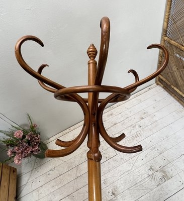 Mid-Century Bentwood Coat Rack: Circular Support Ring & Sweeping Hooks