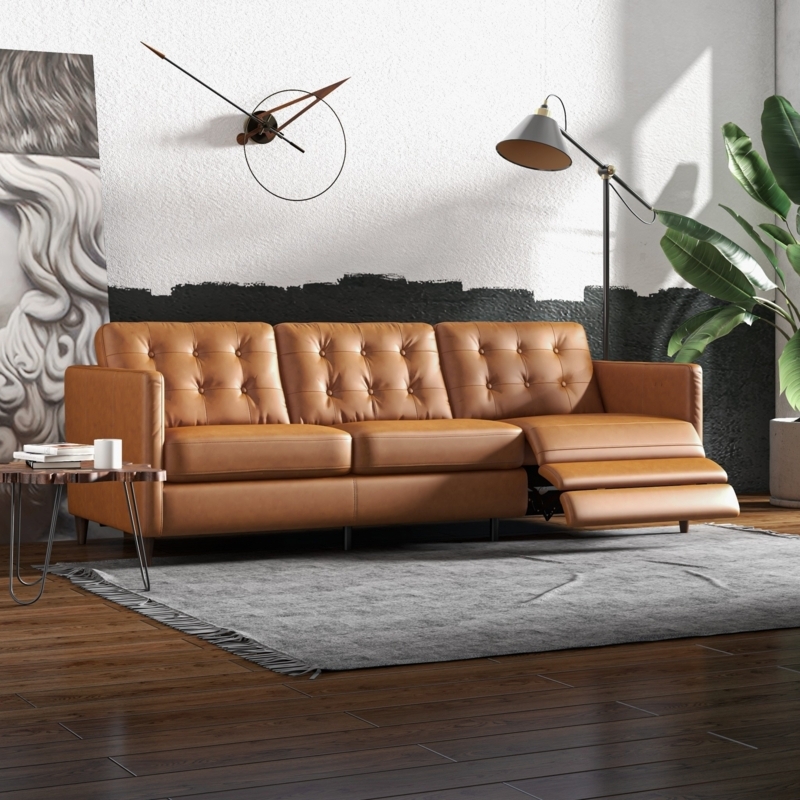 Mid-Century Button Tufted Leather Reclining Sofa