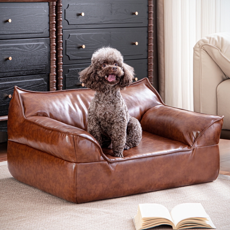 Mid-Century Dog Sofa with Flared Arms in Cognac Leatherette