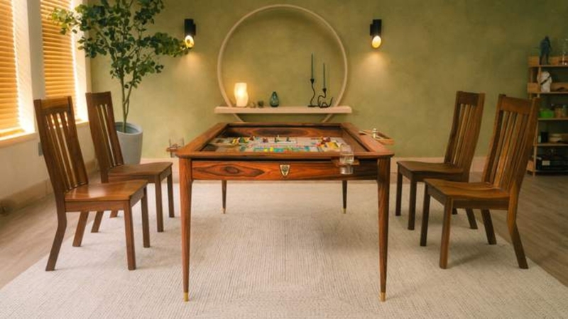 Mid-Century Gaming Table with Richly Grained Wood and Tapered Legs