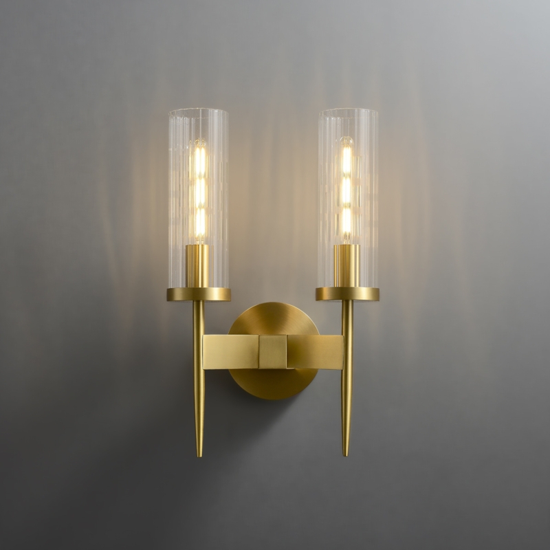 Mid-Century Gold Wall Sconce featuring Ribbed Glass Shades