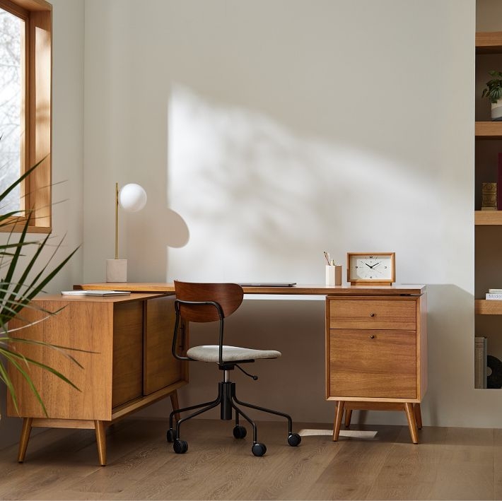 Mid-Century L-Shaped Desk with Modular Design and Sliding Doors