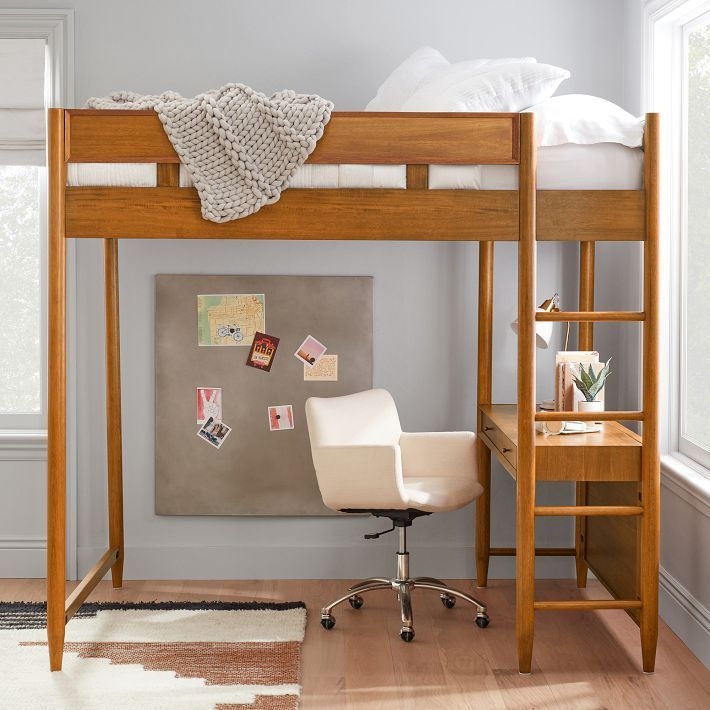 Mid-Century Loft Bed Acorn Wood with Integrated Desk and Tapered Legs