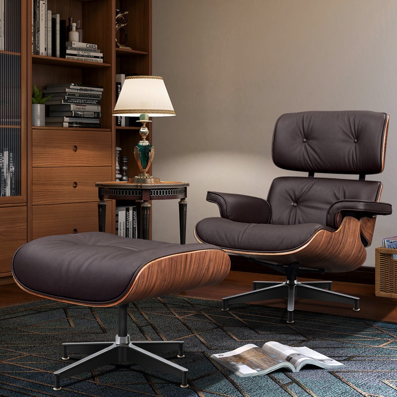 Mid-Century Lounge Chair Ottoman with Walnut Shell and Button Tufting