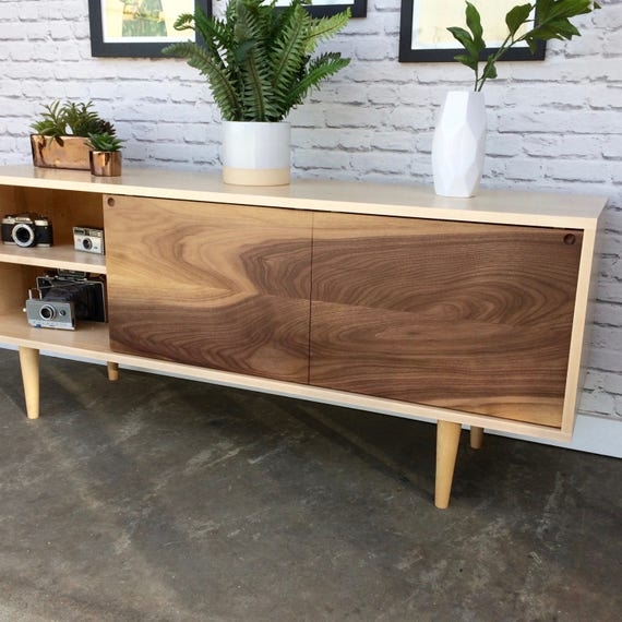 Mid-Century Media Console Bookmatched Walnut Grain Sliding Doors