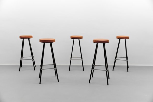 Mid-Century Modern Bar Stools with Tapered Black Legs, Orange Seat