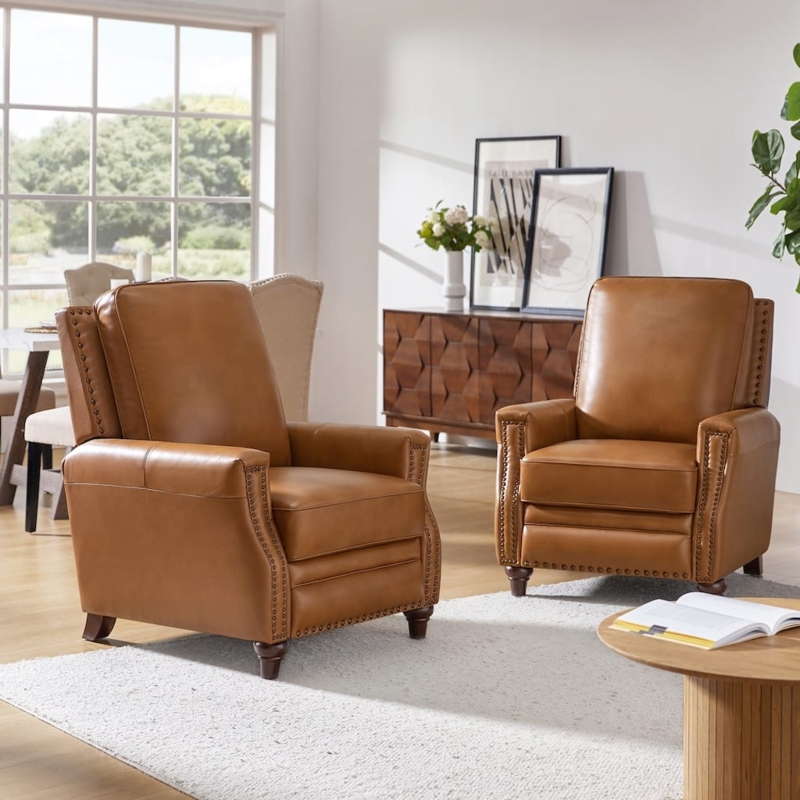 Mid-Century Modern Cognac Leather Recliner Set Turned Legs