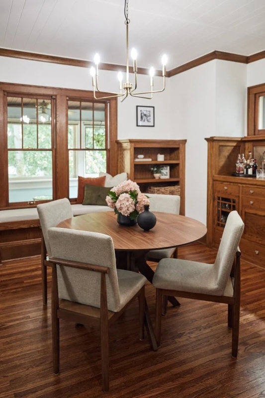 Mid Century Modern Dining Set Round Walnut Table Textured Fabric Chairs