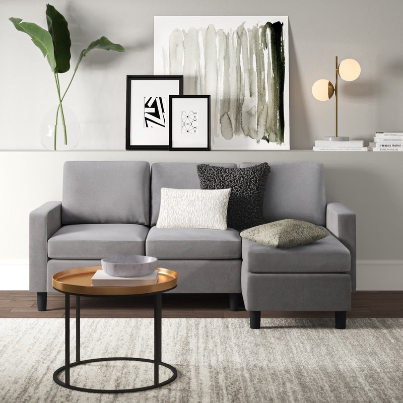 Mid-Century Modern Sectional in Light Grey with Tapered Block Legs