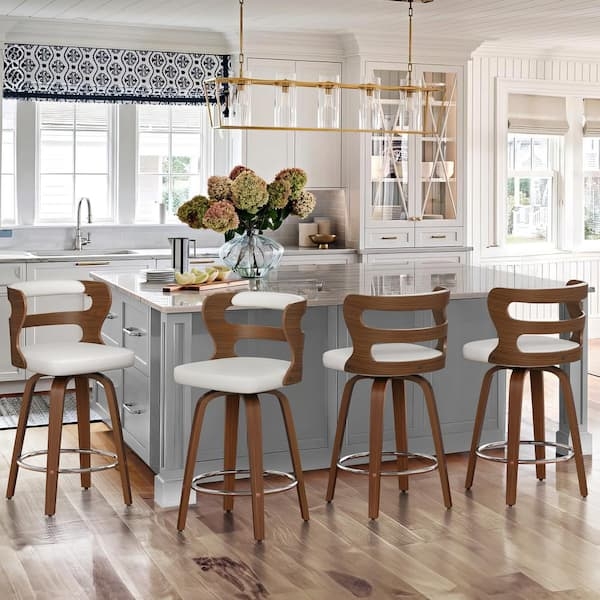 Mid-Century Modern Swivel Stools Curved Open Back Walnut and White.